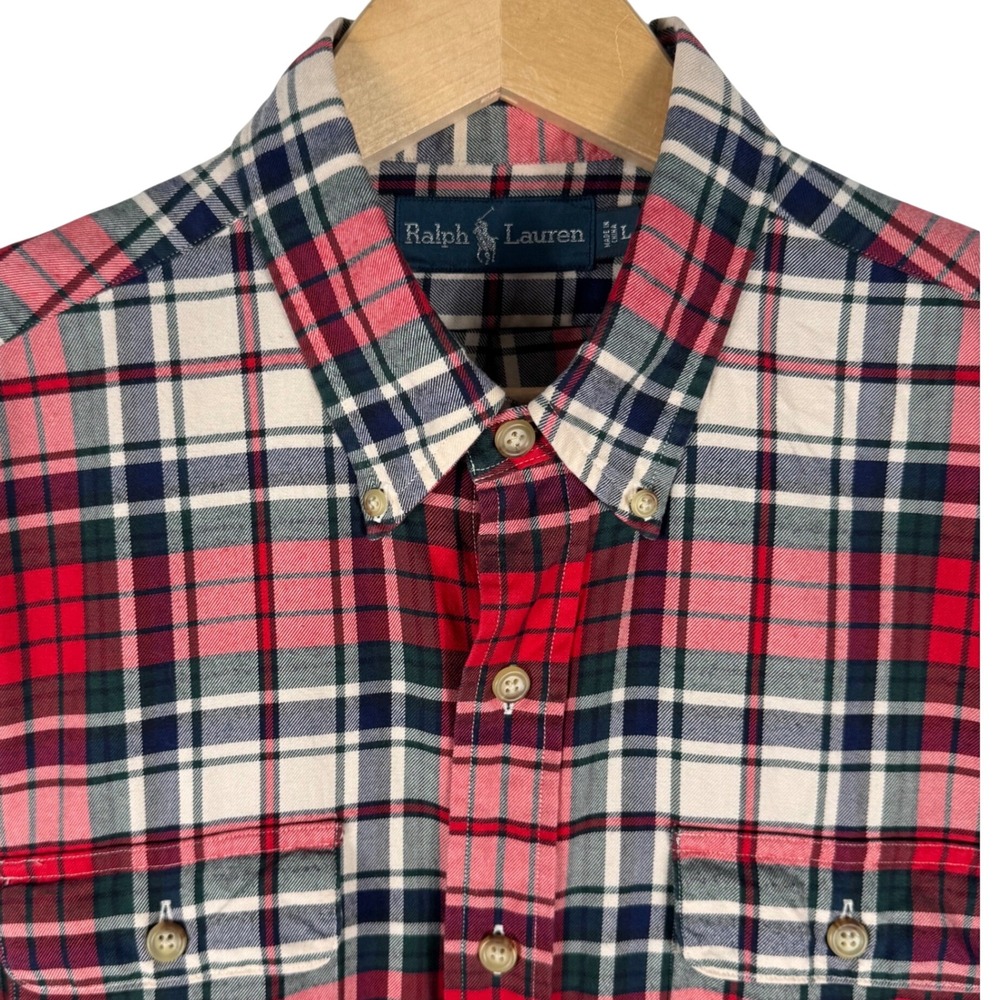 Ralph Lauren Plaid Flannel Shirt Mens L Red White Navy Cotton Patch Pockets